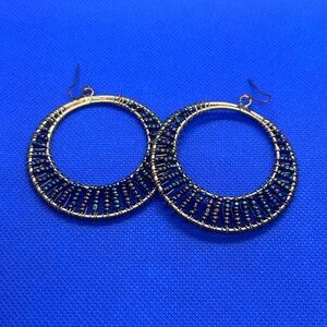 Gold and Navy Beaded Hoop Earrings - Women Jewelry